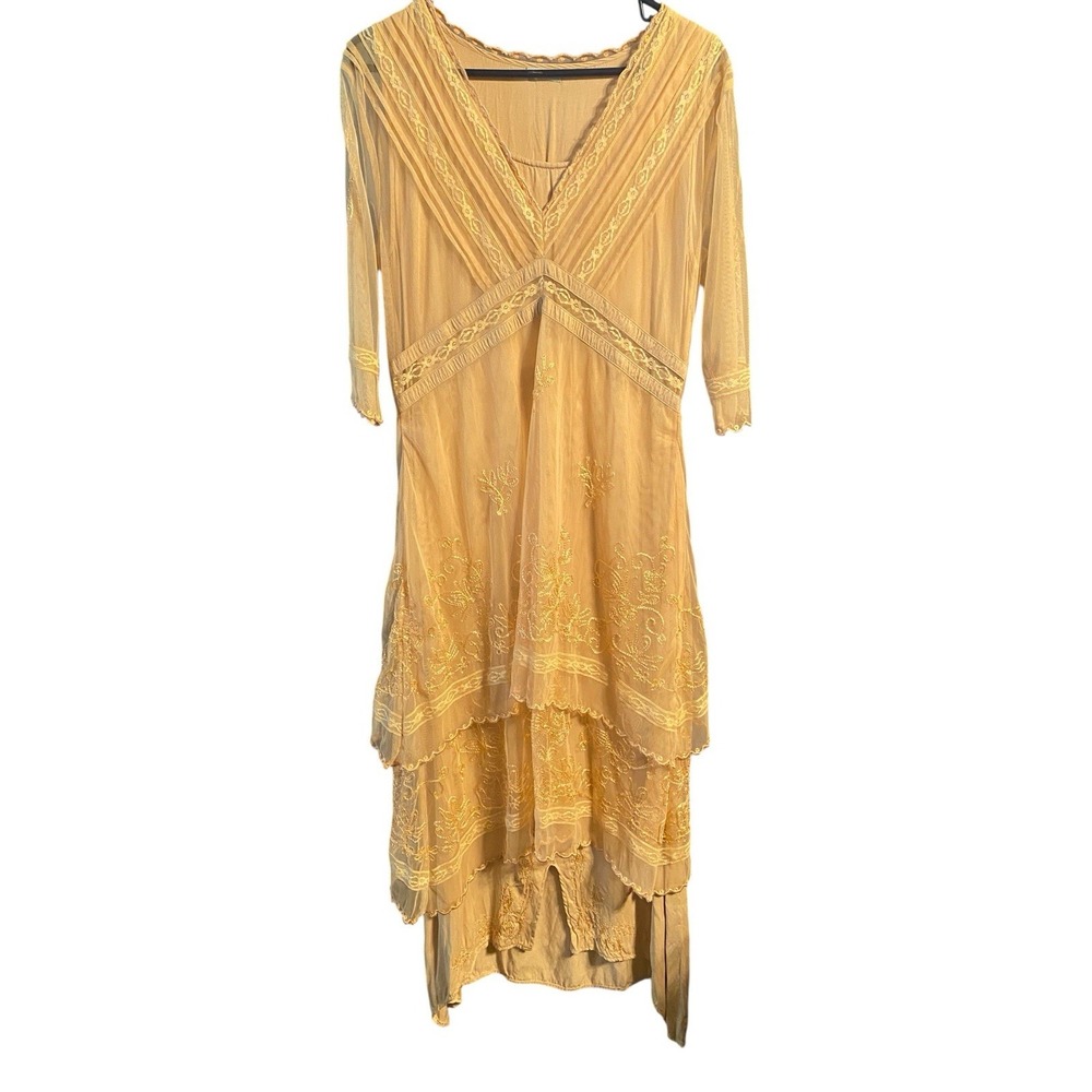 Nataya Medium Beige Embroidered Tiered Mesh Dress 1920s Downton Abbey Flapper